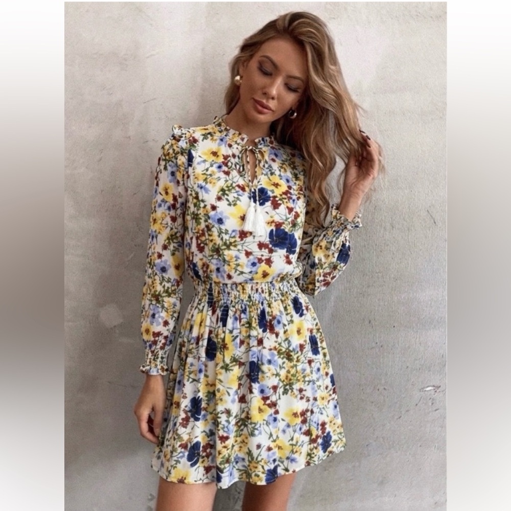 Banana Republic White Floral Long Sleeve Dress with Yellow, Blue & Red Blooms